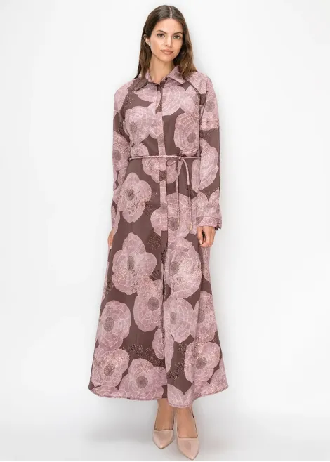 Belted Poppy Print Ankle Length Dress