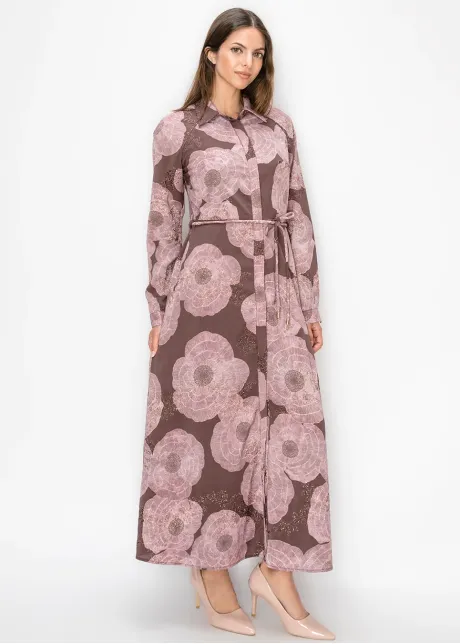 Belted Poppy Print Ankle Length Dress