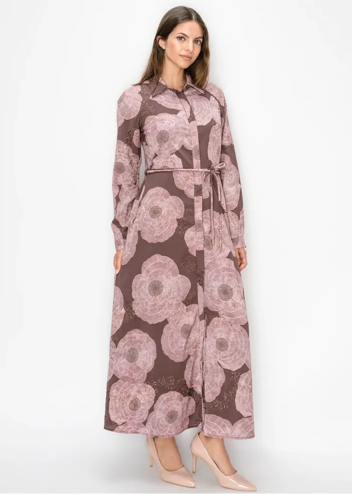 Belted Poppy Print Ankle Length Dress