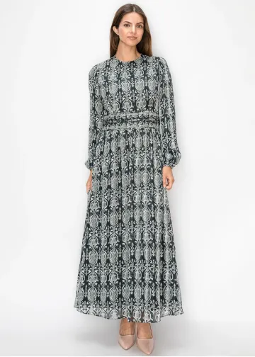 Long Sleeve Printed Chiffon Dress