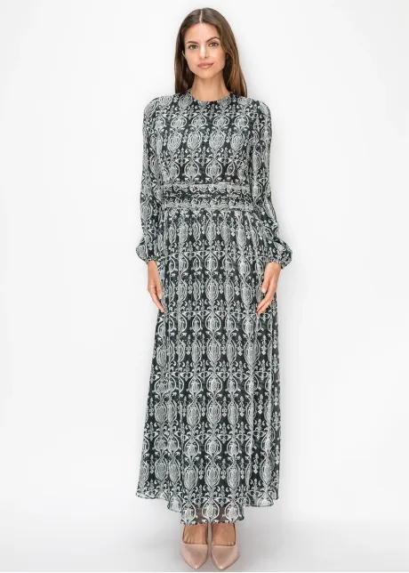 Long Sleeve Printed Chiffon Dress