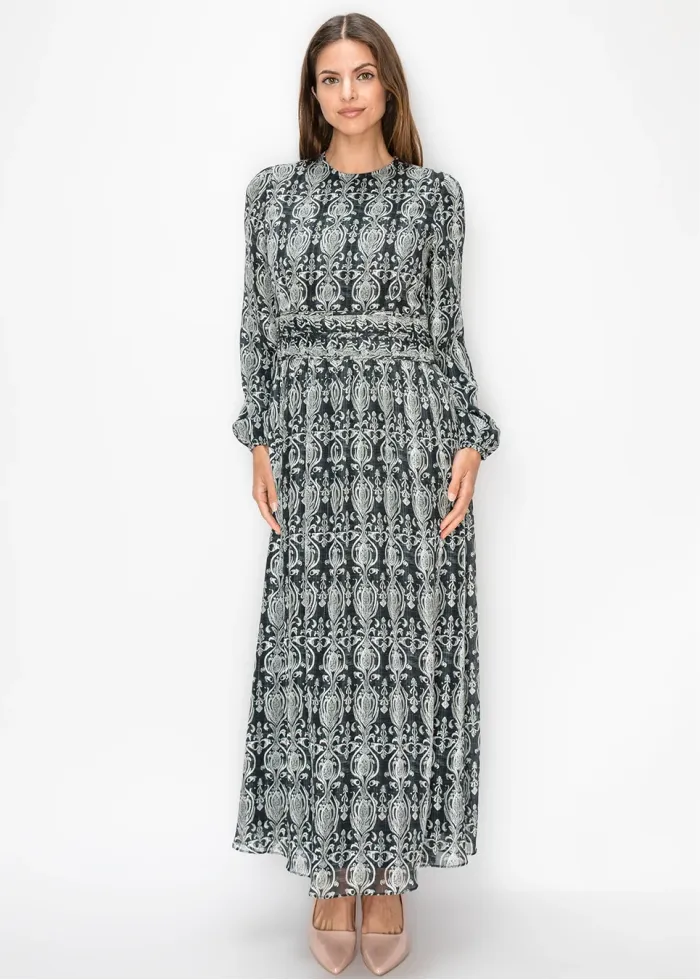 Long Sleeve Printed Chiffon Dress