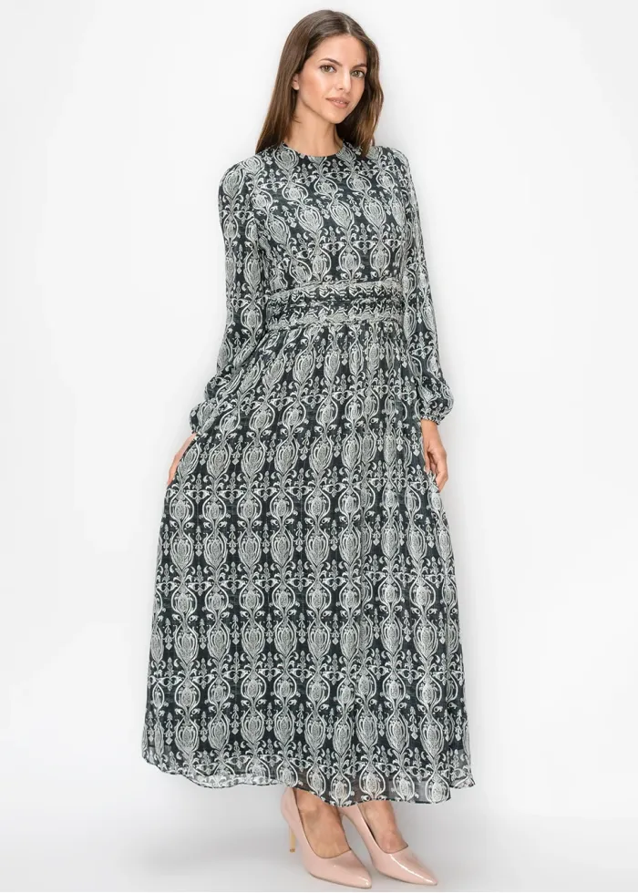 Long Sleeve Printed Chiffon Dress