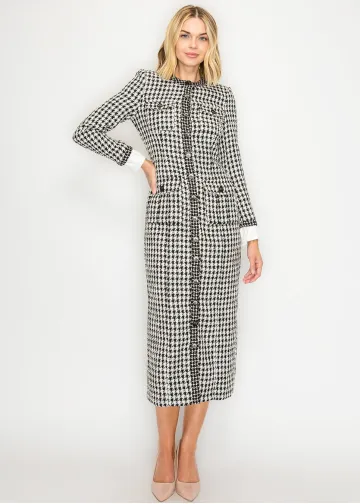Houndstooth Tweed Button-Front Dress