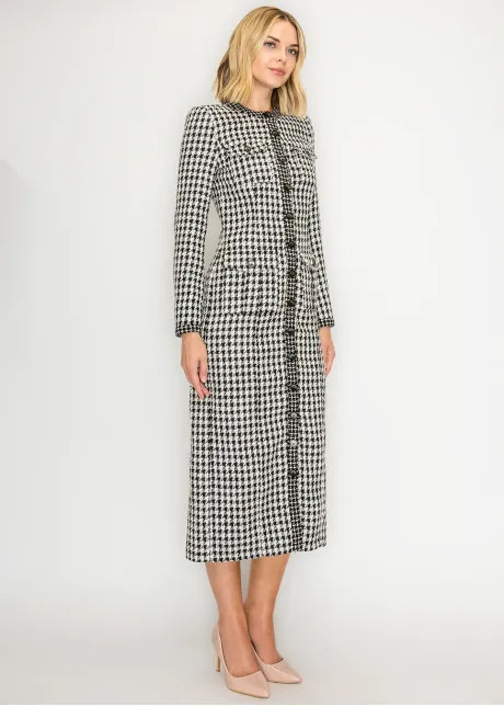 Houndstooth Tweed Button-Front Dress