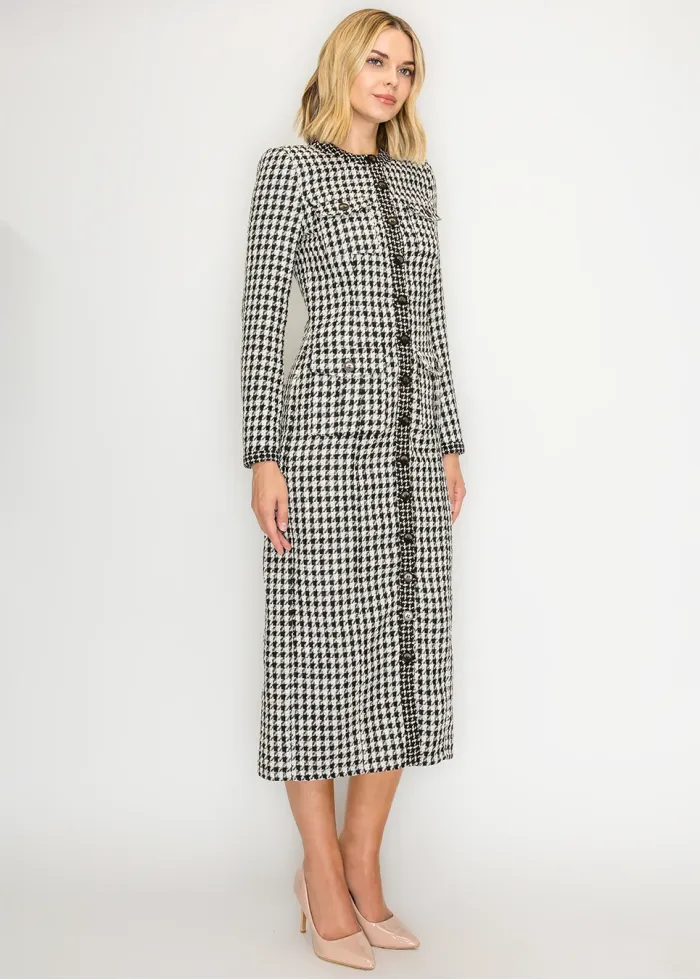 Houndstooth Tweed Button-Front Dress