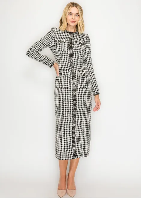 Houndstooth Tweed Button-Front Dress