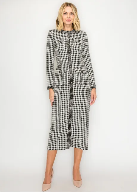 Houndstooth Tweed Button-Front Dress