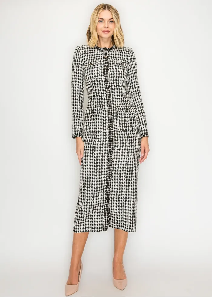 Houndstooth Tweed Button-Front Dress