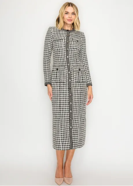Houndstooth Tweed Button-Front Dress