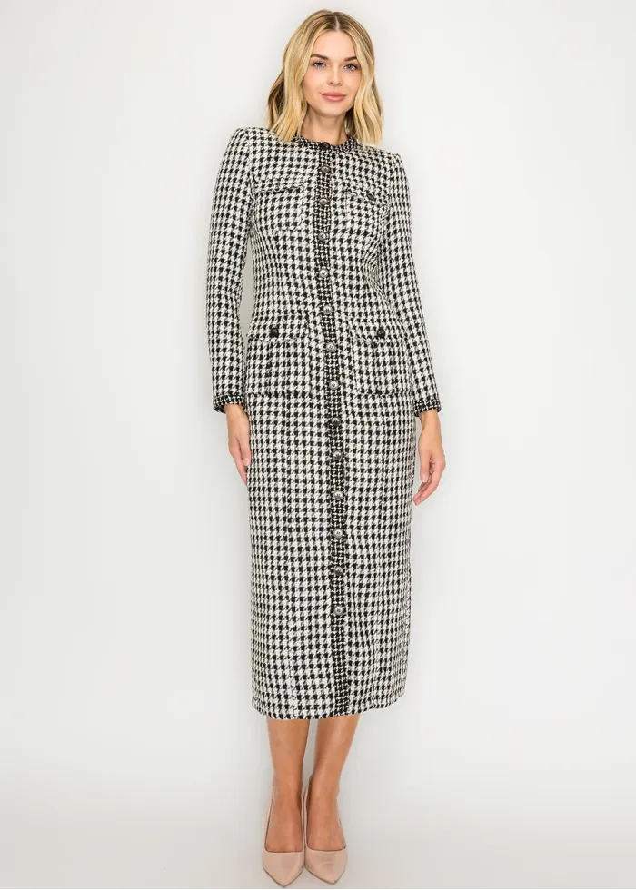 Houndstooth Tweed Button-Front Dress