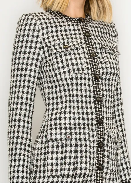 Houndstooth Tweed Button-Front Dress