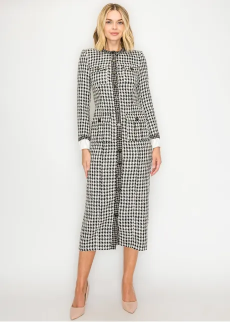Houndstooth Tweed Button-Front Dress