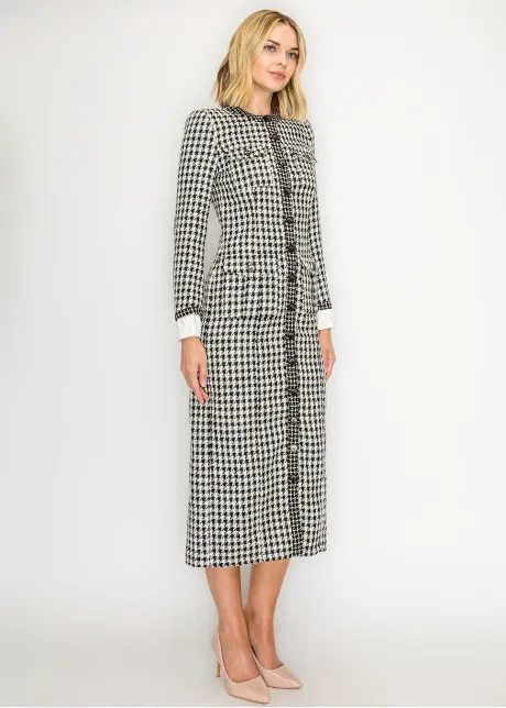 Houndstooth Tweed Button-Front Dress