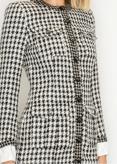 Houndstooth Tweed Button-Front Dress
