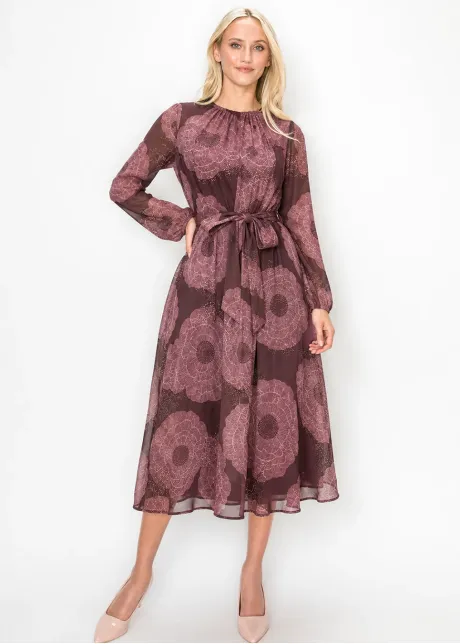 Burgundy Floral Chiffon Dress with Tie Belt