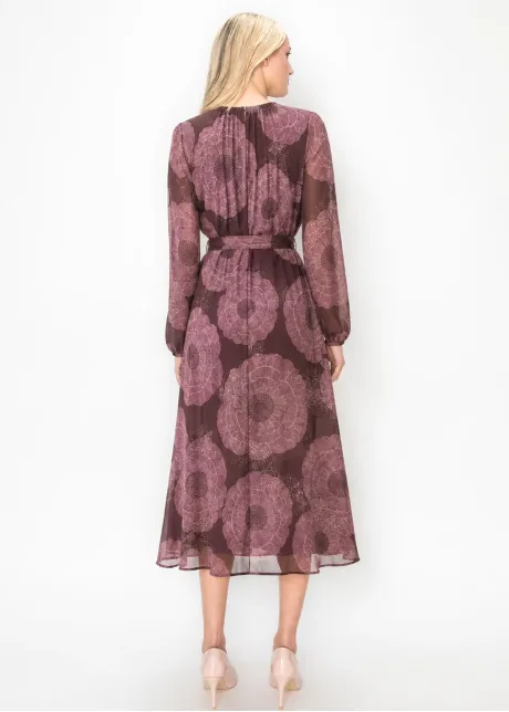 Burgundy Floral Chiffon Dress with Tie Belt