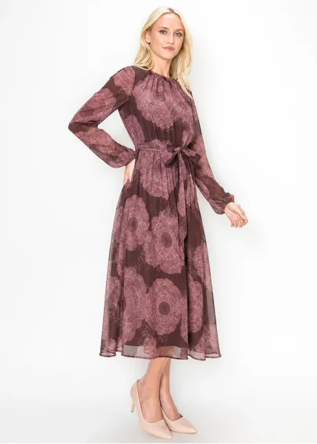 Burgundy Floral Chiffon Dress with Tie Belt