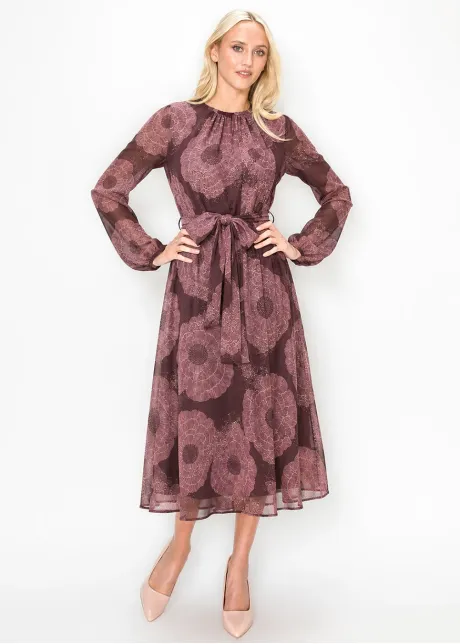 Burgundy Floral Chiffon Dress with Tie Belt