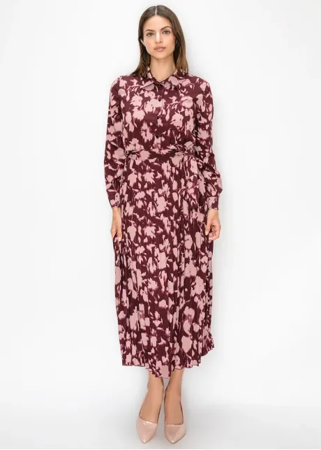 Burgundy Floral Pleated Midi Dress