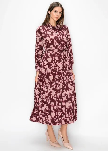 Burgundy Floral Pleated Midi Dress