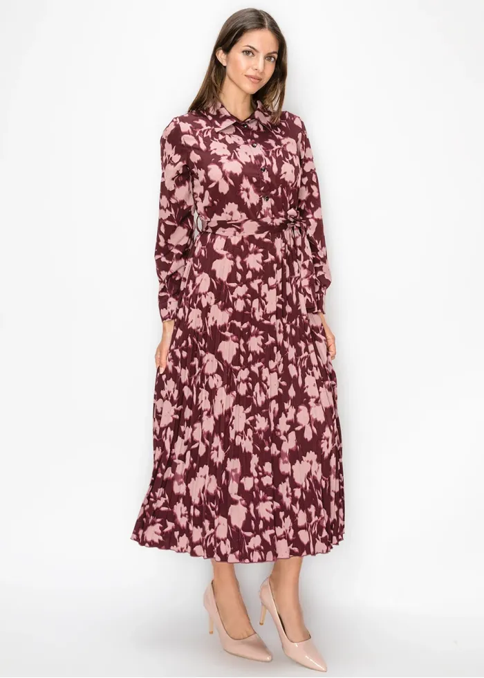 Burgundy Floral Pleated Midi Dress