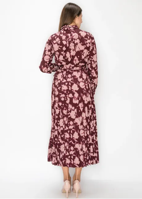 Burgundy Floral Pleated Midi Dress