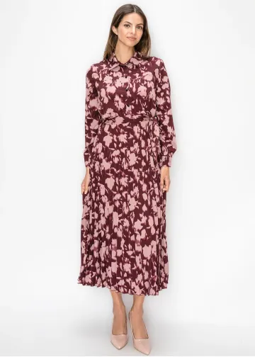 Burgundy Floral Pleated Midi Dress