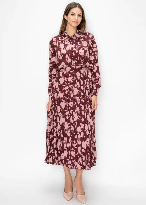 Burgundy Floral Pleated Midi Dress
