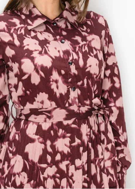 Burgundy Floral Pleated Midi Dress