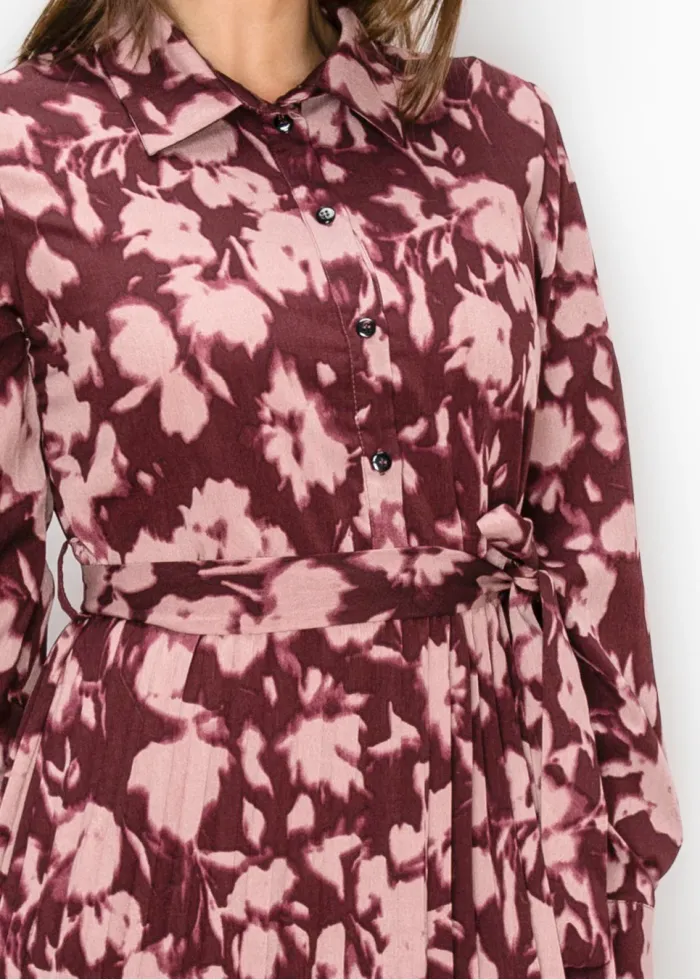 Burgundy Floral Pleated Midi Dress