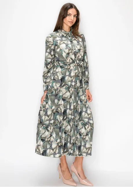 Green Floral Pleated Shirt Dress