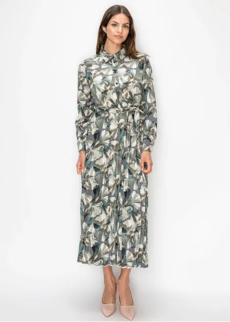 Green Floral Pleated Shirt Dress