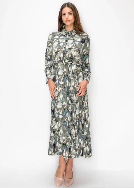 Green Floral Pleated Shirt Dress