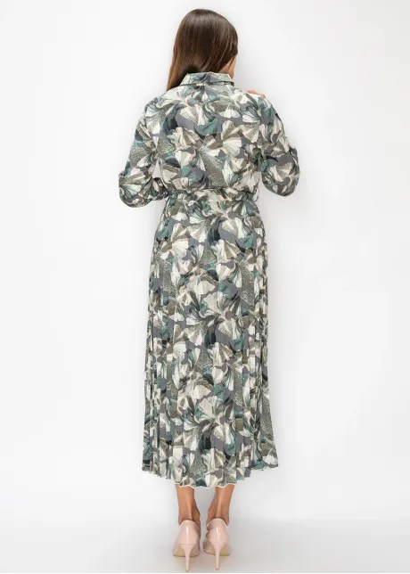 Green Floral Pleated Shirt Dress