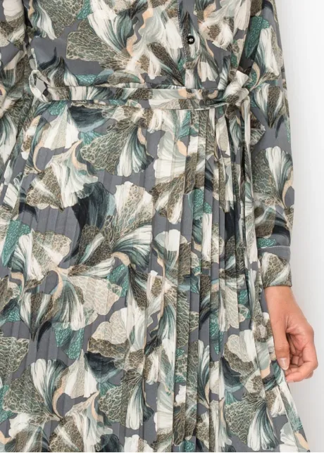 Green Floral Pleated Shirt Dress
