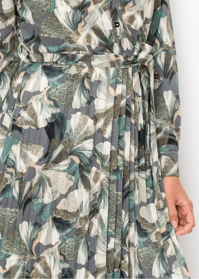 Green Floral Pleated Shirt Dress