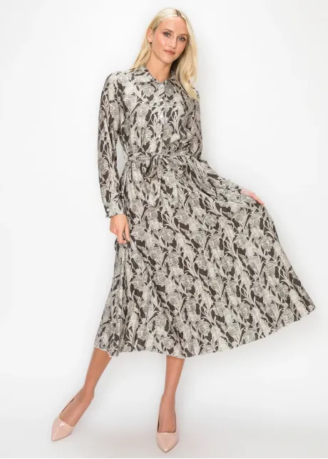 Grey Floral Pleated Midi Dress