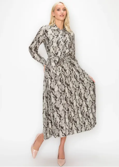 Grey Floral Pleated Midi Dress