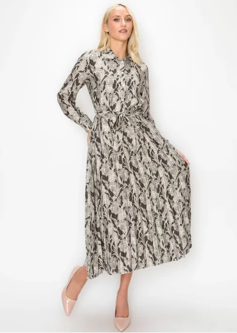 Grey Floral Pleated Midi Dress