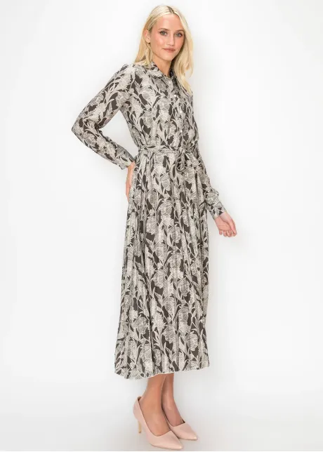 Grey Floral Pleated Midi Dress
