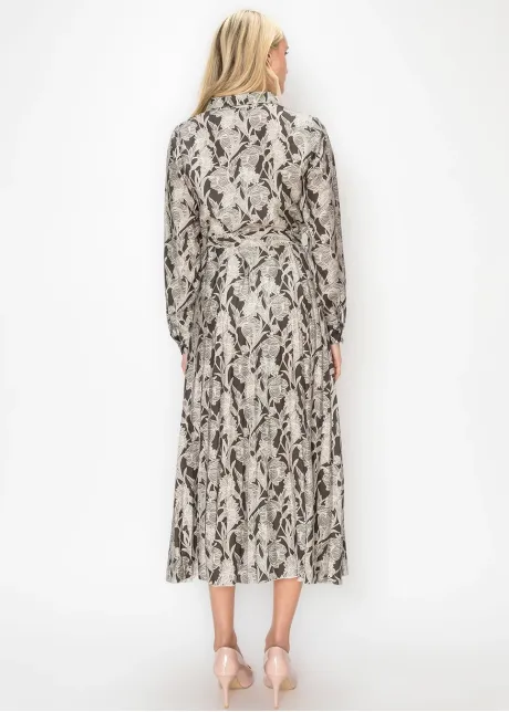 Grey Floral Pleated Midi Dress