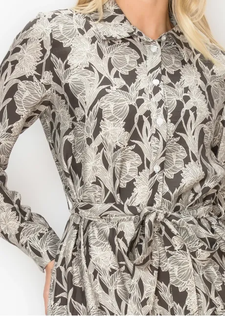 Grey Floral Pleated Midi Dress