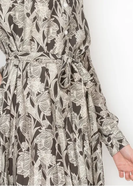 Grey Floral Pleated Midi Dress