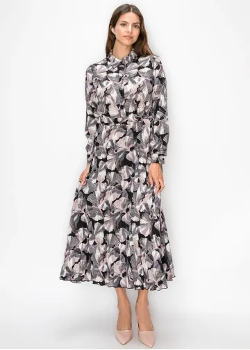 Collared Floral Print Pleated Dress