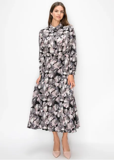 Collared Floral Print Pleated Dress
