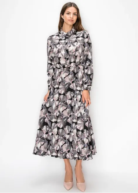 Collared Floral Print Pleated Dress
