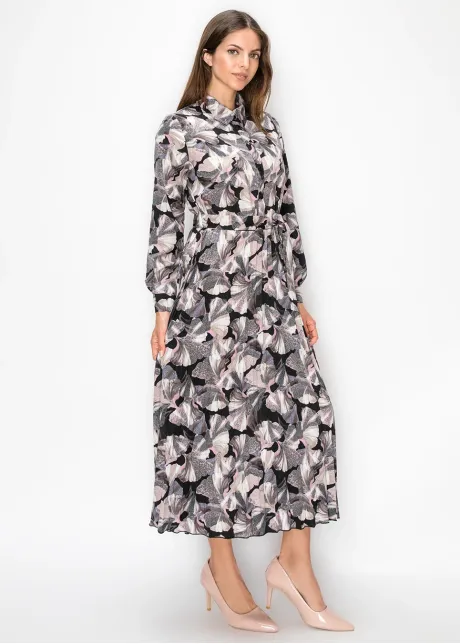 Collared Floral Print Pleated Dress