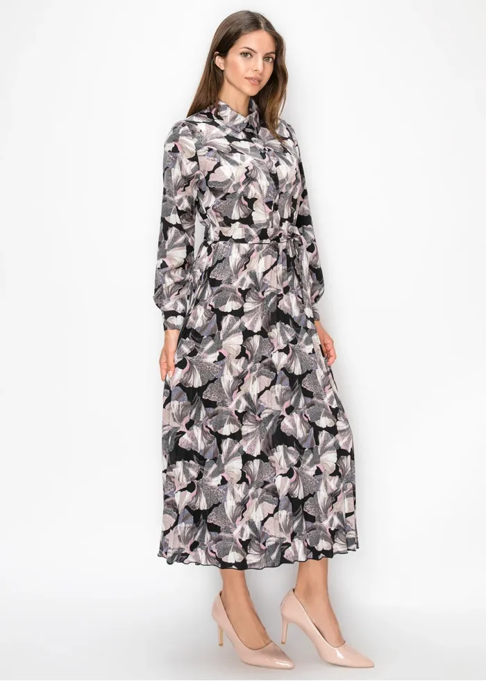 Collared Floral Print Pleated Dress