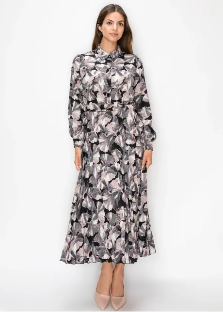 Collared Floral Print Pleated Dress